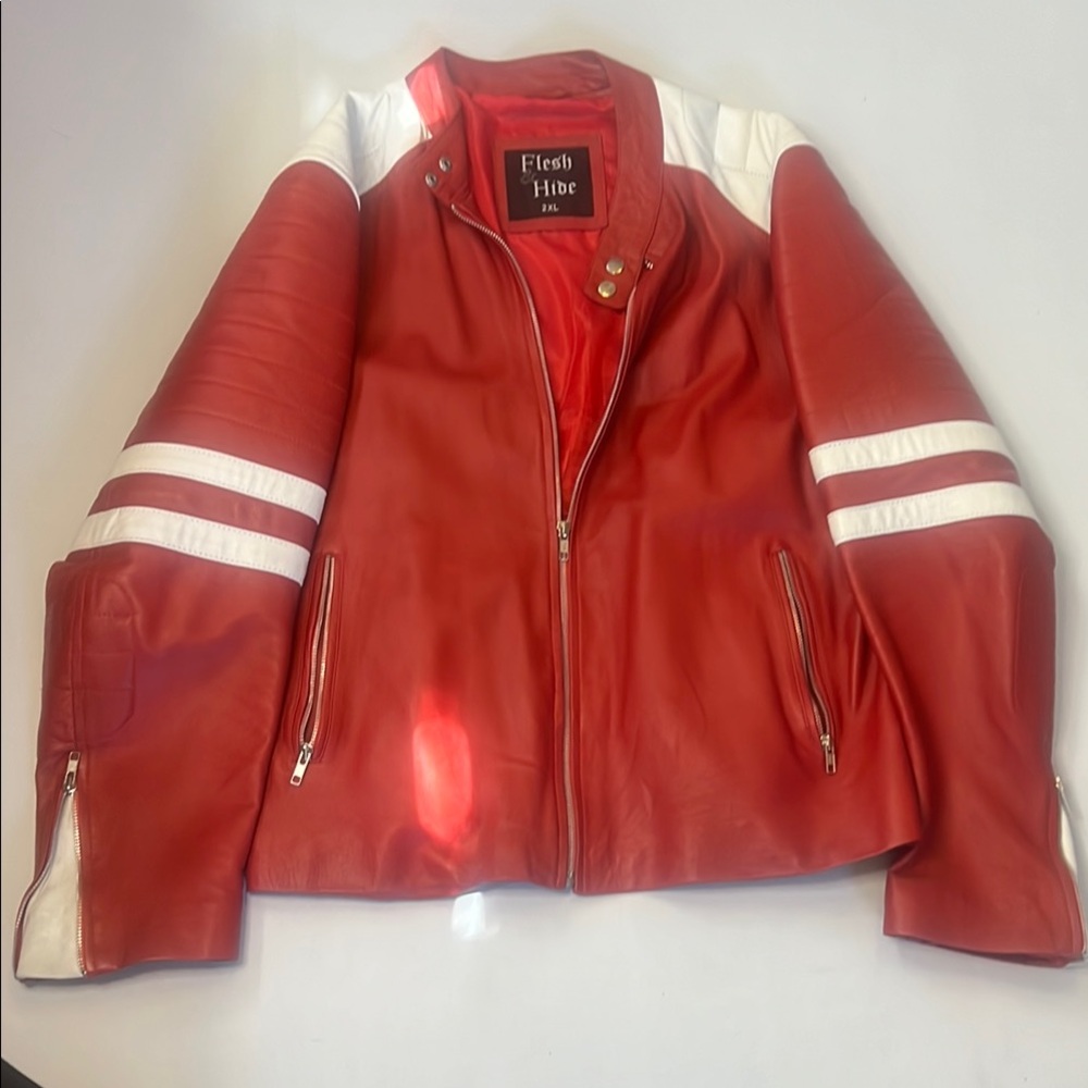 Red and White Men's Leather Jacket - Brad Pitt Fight Club